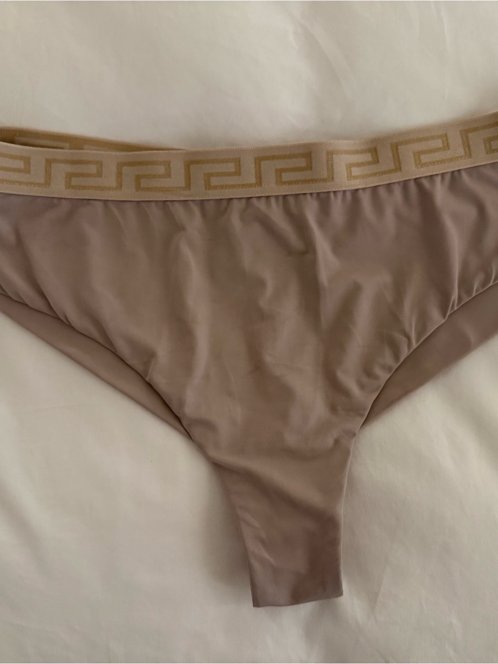 Versace Taupe & Gold Logo Waistband Thong Panty